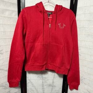 True Religion Women's Medium Red Studded Y2K Rhinestone Bling Hoodie Streetwear